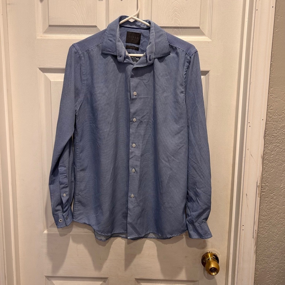 C-LAB NYC Mens Blue Print Long Sleeve Button Down Shirt 4 Way Stretch L 18 34-35